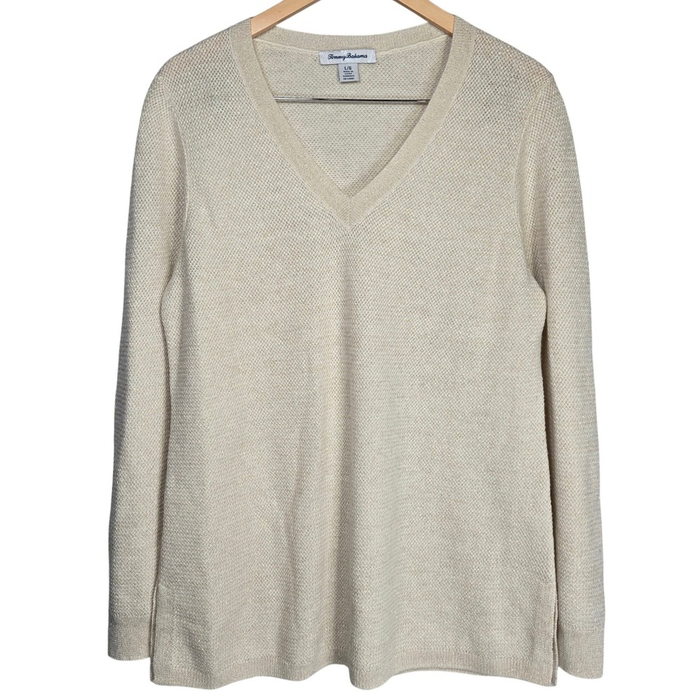 Tommy Bahama Cashmere Wool Blend Metallic Gold‎ V-Neck Sweater Large TW418087